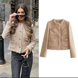 Tan Textured Blazer with Long Sleeves tweed gold brown jacket coat nwot